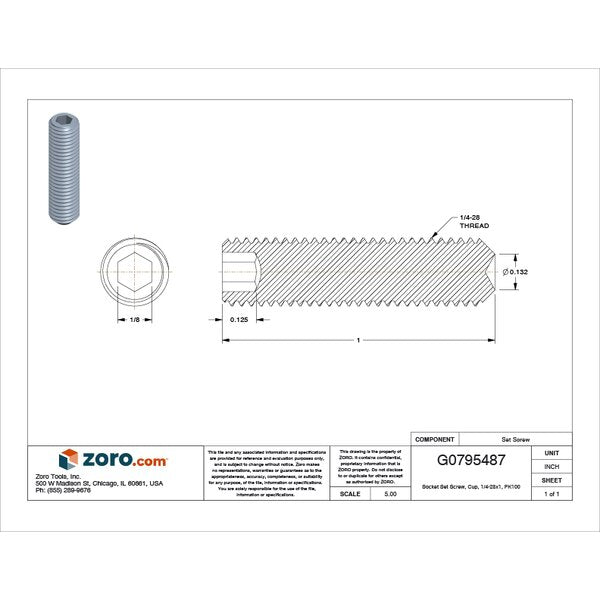 Socket Set Screw, Cup, 1/4-28x1, PK100