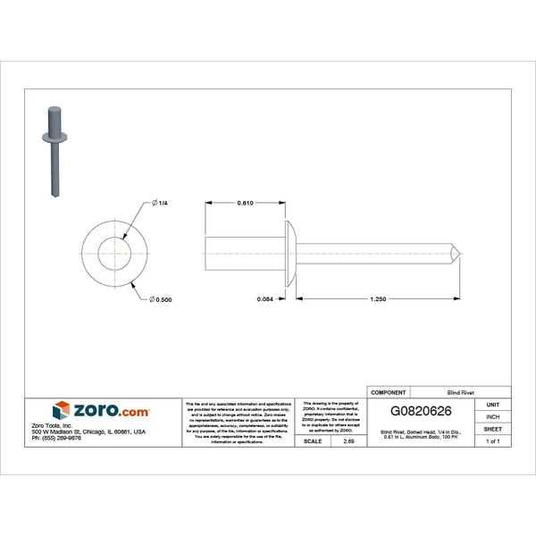 Blind Rivet, Dome Head, 1/4 in Dia., 39/64 in L, Aluminum Body, 100 PK