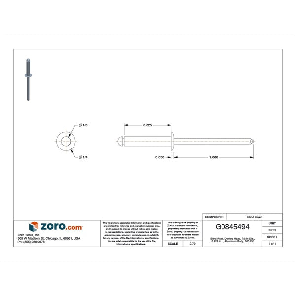 Blind Rivet, Dome Head, 1/8 in Dia., 5/8 in L, Aluminum Body, 500 PK