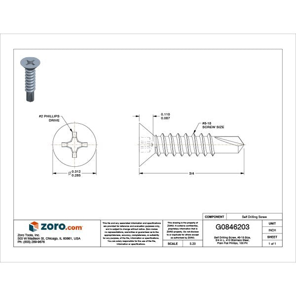 Self-Drilling Screw, #8 x 3/4 in, Plain 410 Stainless Steel Flat Head Phillips Drive, 100 PK