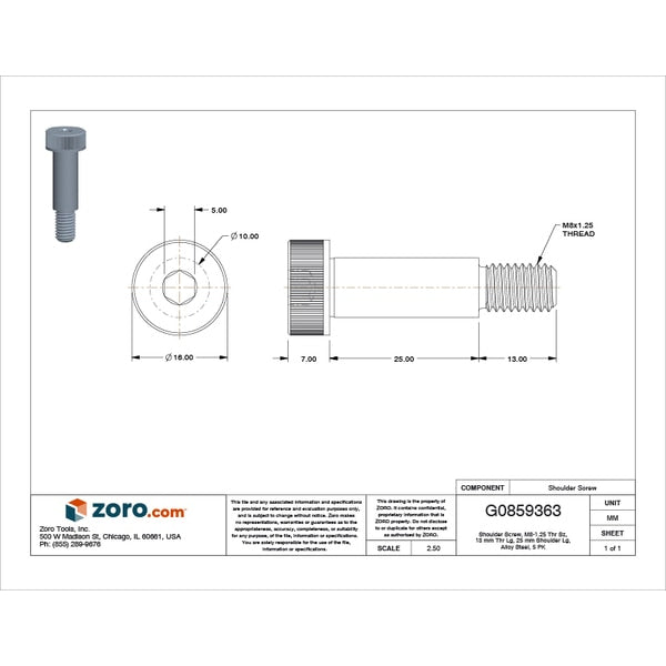 Shoulder Screw, M8-1.25 Thr Sz, 13 mm Thr Lg, 25 mm Shoulder Lg, Alloy Steel, 5 PK