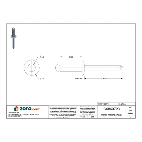 Blind Rivet, Dome Head, 1/4 in Dia., 23/32 in L, Aluminum Body, 100 PK