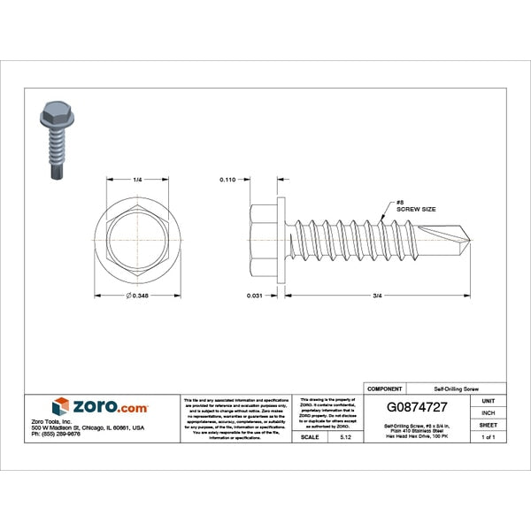 Self-Drilling Screw, #8 x 3/4 in, Plain 410 Stainless Steel Hex Head Hex Drive, 100 PK