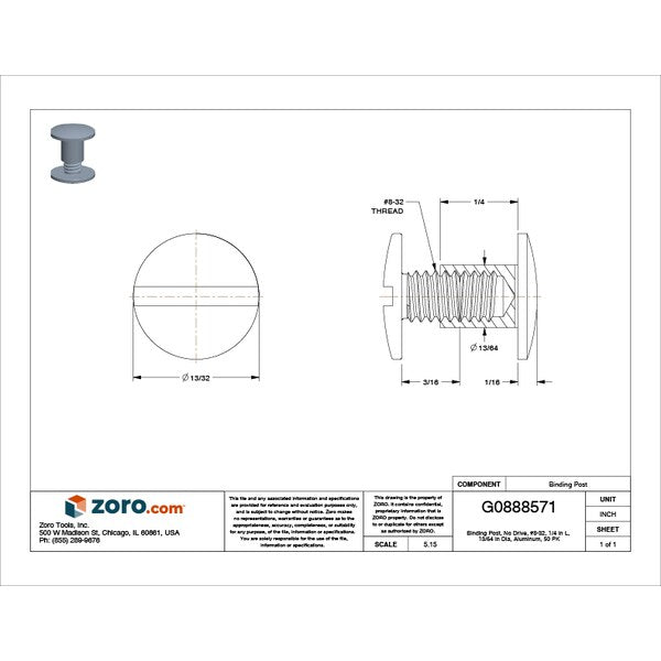 Binding Barrel, #8-32, 1/4 in Brl Lg, 13/64 in Brl Dia, Aluminum Plain, 50 PK