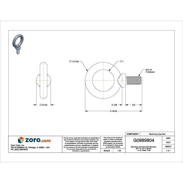 Machinery Eye Bolt With Shoulder, 3/8