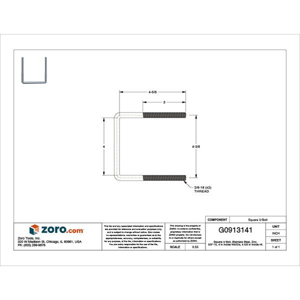 Square U-Bolt, 3/8