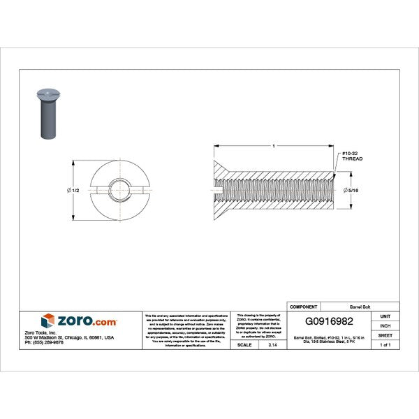 Barrel Bolt, #10-32, 1 in Brl Lg, 5/16 in Brl Dia, 18-8 Stainless Steel Plain, 5 PK