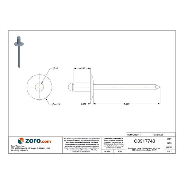 Blind Rivet, Large Flanged Head, 1/8 in Dia., 1/4 in L, Aluminum Body, 500 PK