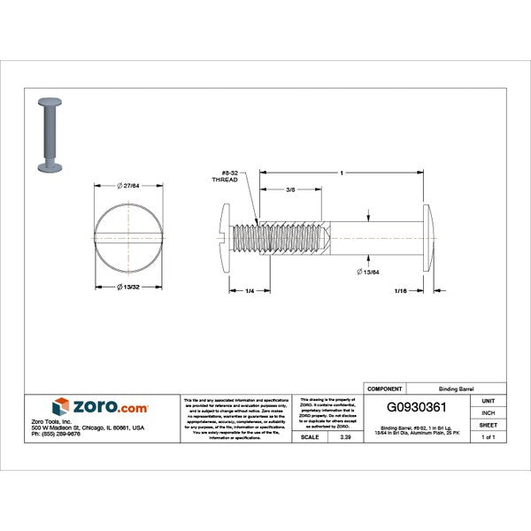 Binding Barrel, #8-32, 1 in Brl Lg, 13/64 in Brl Dia, Aluminum Plain, 25 PK