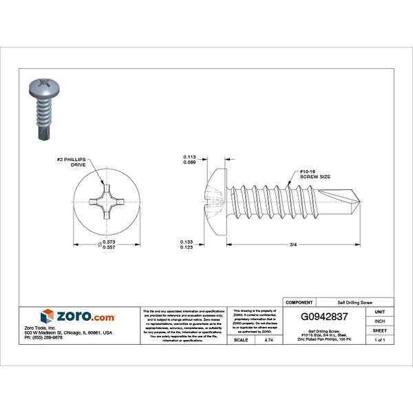 Self-Drilling Screw, #10 x 3/4 in, Zinc Plated Steel Pan Head Phillips Drive, 100 PK