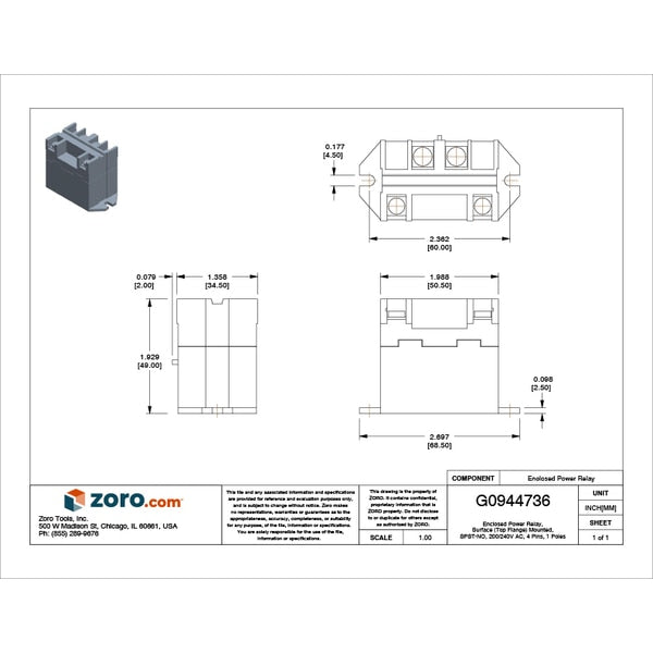 Enclosed Power Relay, Surface (Top Flange) Mounted, SPST-NO, 200/240V AC, 4 Pins, 1 Poles