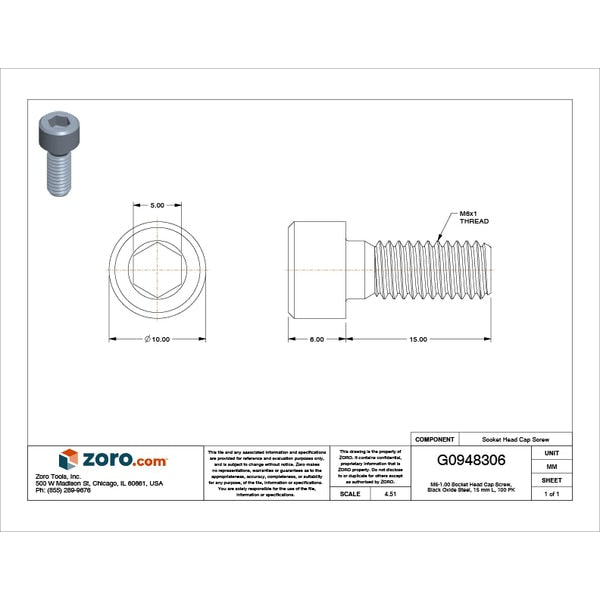 M6-1.00 Socket Head Cap Screw, Black Oxide Steel, 15 mm Length, 100 PK