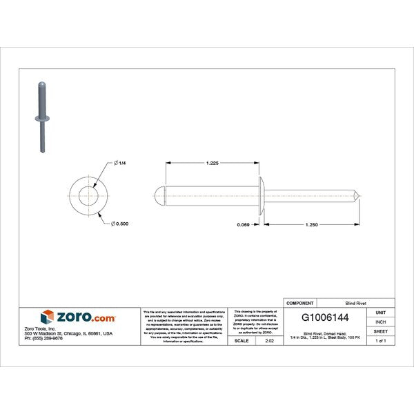 Blind Rivet, Dome Head, 1/4 in Dia., 1-7/32 in L, Steel Body, 100 PK
