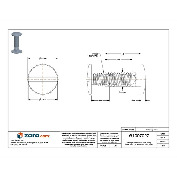 Binding Barrel, #8-32, 1/2 in Brl Lg, 13/64 in Brl Dia, Aluminum Plain, 50 PK