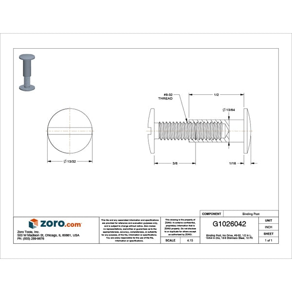 Binding Barrel, #8-32, 1/2 in Brl Lg, 13/64 in Brl Dia, 18-8 Stainless Steel Plain, 10 PK