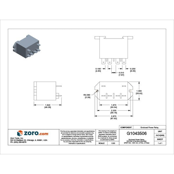 Enclosed Power Relay, DIN-Rail & Surface Mounted, DPST-NO, 120V AC, 6 Pins, 2 Poles