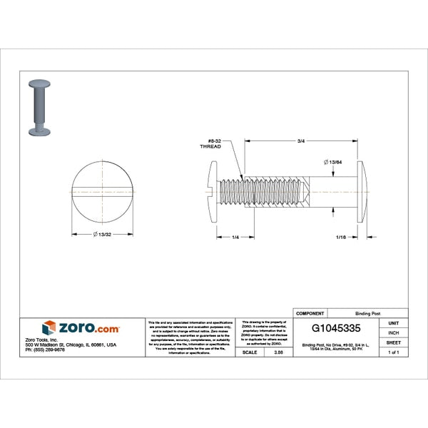 Binding Barrel, #8-32, 3/4 in Brl Lg, 13/64 in Brl Dia, Aluminum Plain, 50 PK