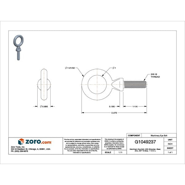 Machinery Eye Bolt With Shoulder, 3/8