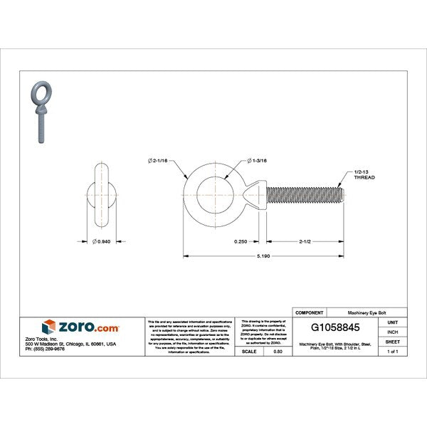 Machinery Eye Bolt With Shoulder, 1/2