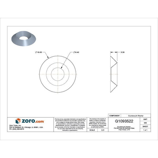 Countersunk Washer, Fits Bolt Size M6 Stainless Steel, Plain Finish, 5 PK