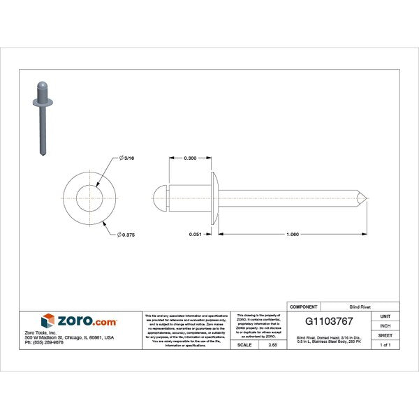 Blind Rivet, Dome Head, 3/16 in Dia., 19/64 in L, Stainless Steel Body, 250 PK