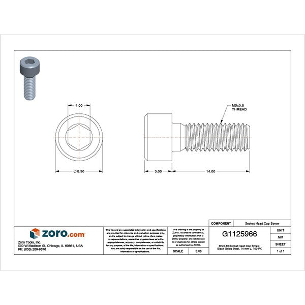 M5-0.80 Socket Head Cap Screw, Black Oxide Steel, 14 mm Length, 100 PK