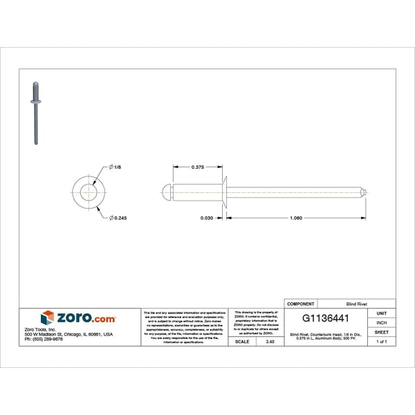 Blind Rivet, Countersunk Head, 1/8 in Dia., 3/8 in L, Aluminum Body, 500 PK