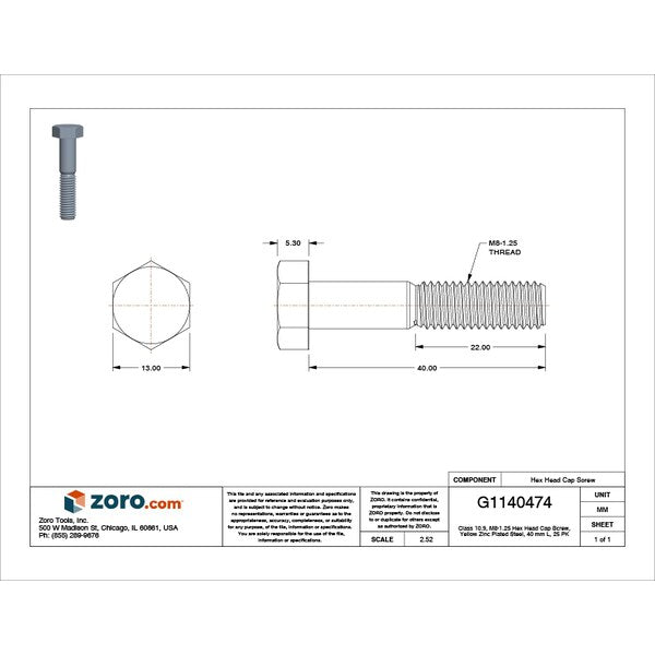 Class 10.9, M8-1.25 Hex Head Cap Screw, Zinc & Yellow Plated Steel, 40 mm L, 25 PK