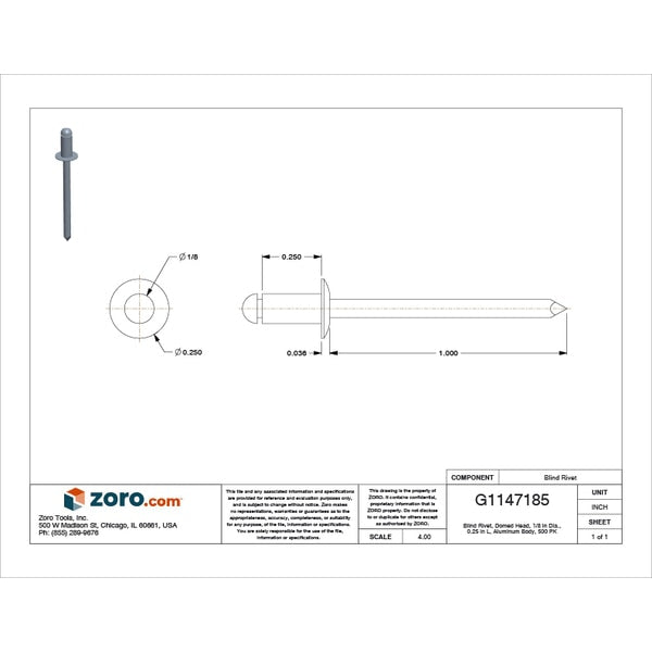 Blind Rivet, Dome Head, 1/8 in Dia., 1/4 in L, Aluminum Body, 500 PK