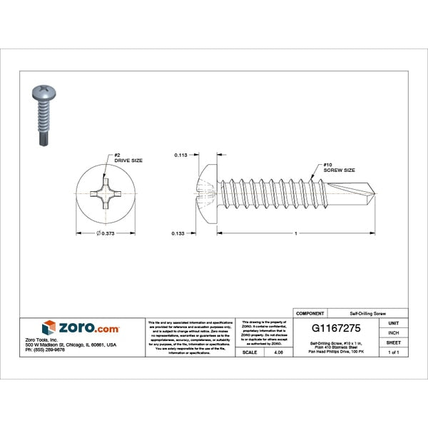 Self-Drilling Screw, #10 x 1 in, Plain 410 Stainless Steel Pan Head Phillips Drive, 100 PK
