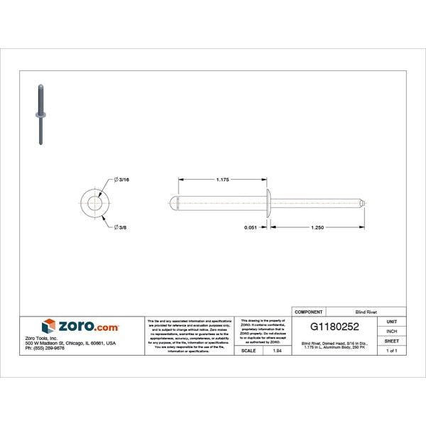 Blind Rivet, Dome Head, 3/16 in Dia., 1-11/64 in L, Aluminum Body, 250 PK