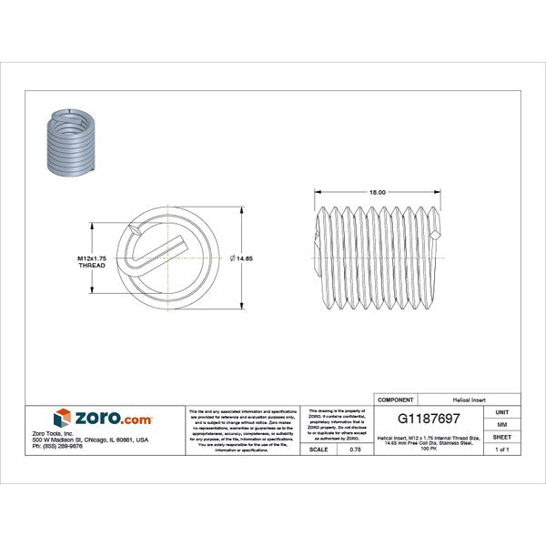 Tanged Helical Insert, Free-Running, M12-1.75 Thrd Sz, 18-8 Stainless Steel, 100 PK