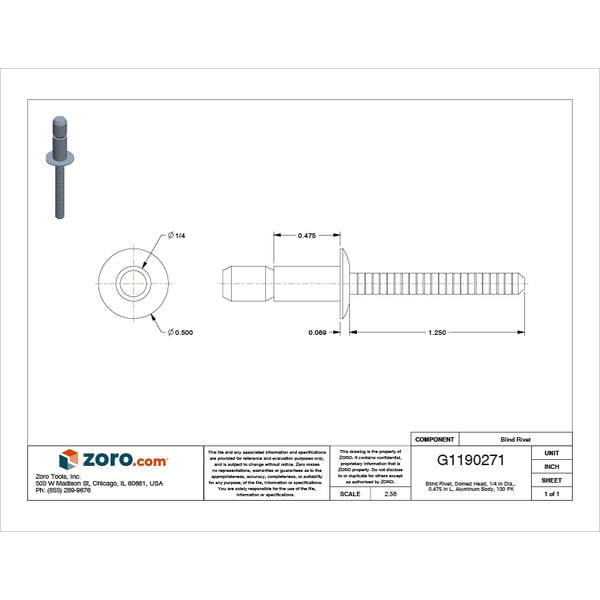 Blind Rivet, Dome Head, 1/4 in Dia., 15/32 in L, Aluminum Body, 100 PK