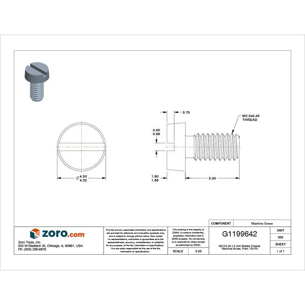 M2.5-0.45 x 5 mm Slotted Cheese Machine Screw, Plain 18-8 Stainless Steel, 100 PK