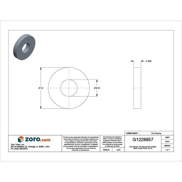 Flat Washer, Fits Bolt Size #10 , Steel Black Oxide Finish, 25 PK