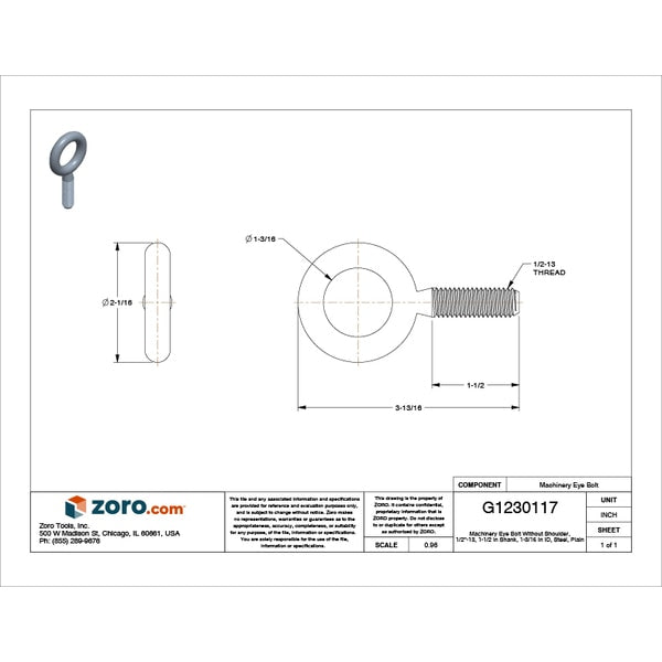 Machinery Eye Bolt Without Shoulder, 1/2
