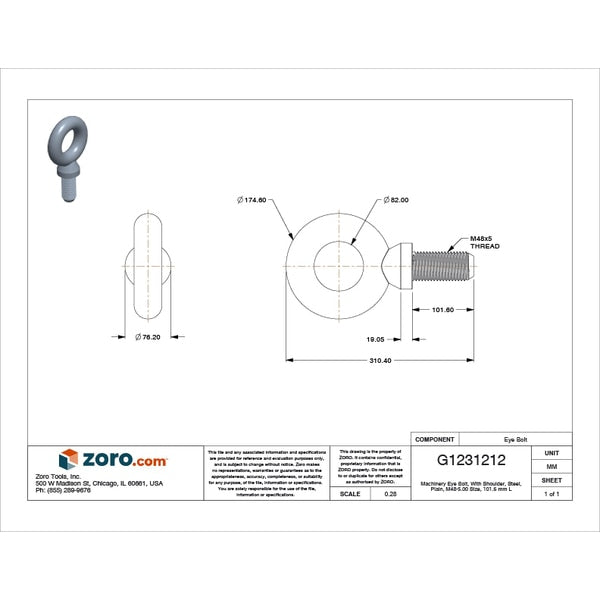 Machinery Eye Bolt With Shoulder, M48-5.00, 101.6 mm Shank, 82 mm ID, Steel, Plain