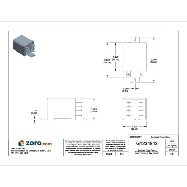 Enclosed Power Relay, Surface (Side Flange) Mounted, DPDT, 24V AC, 8 Pins, 2 Poles