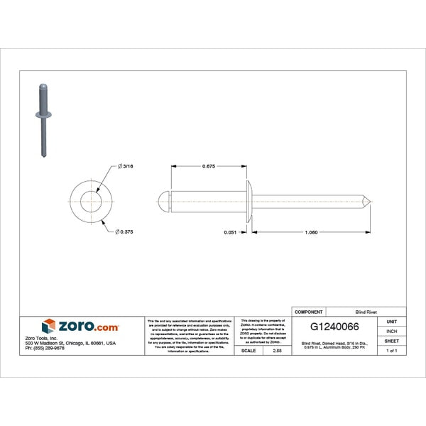 Blind Rivet, Dome Head, 3/16 in Dia., 43/64 in L, Aluminum Body, 250 PK