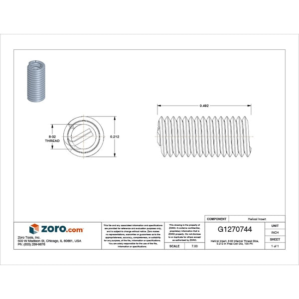 Tanged Helical Insert, Free-Running, #8-32 Thrd Sz, Nitronic 60, 100 PK