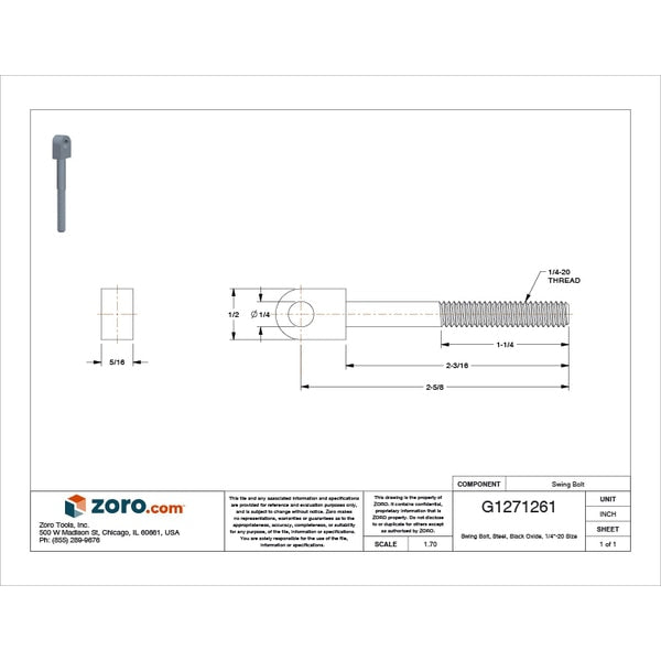Swing Bolt, Steel, Black Oxide, 1/4