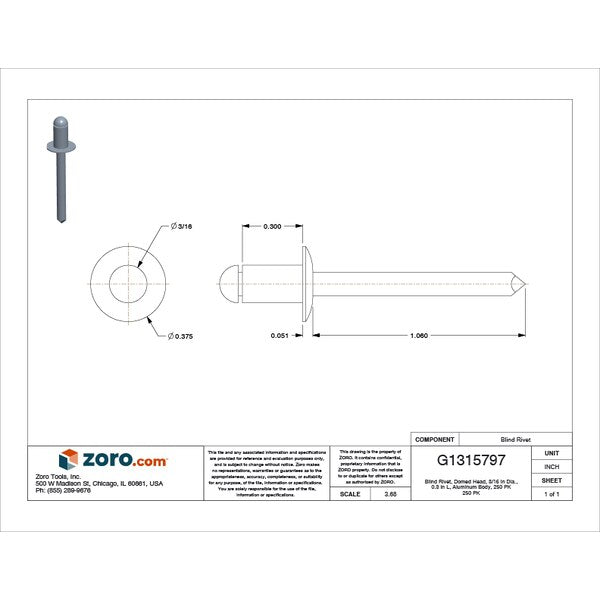 Blind Rivet, Dome Head, 3/16 in Dia., 19/64 in L, Aluminum Body, 250 PK