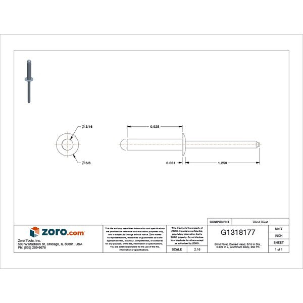 Blind Rivet, Dome Head, 3/16 in Dia., 59/64 in L, Aluminum Body, 250 PK
