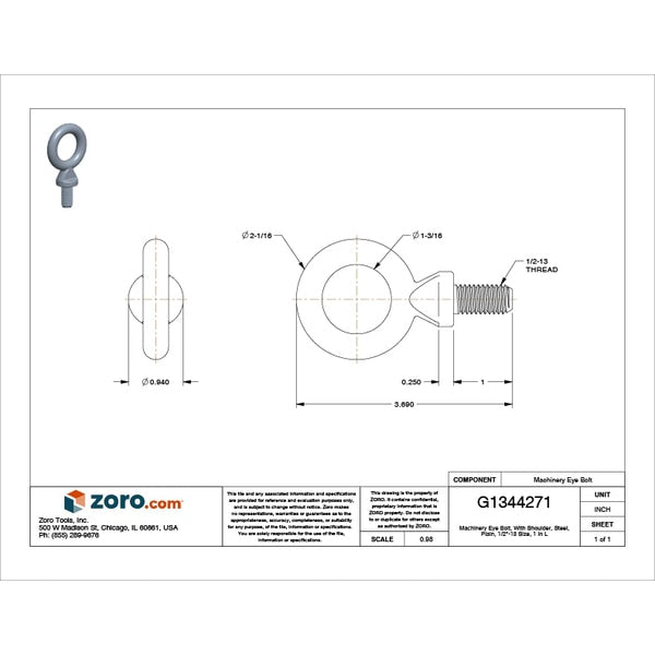 Machinery Eye Bolt With Shoulder, 1/2