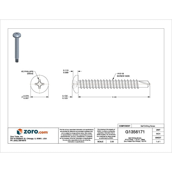Self-Drilling Screw, #10 x 1 1/2 in, Zinc Plated Steel Pan Head Phillips Drive, 100 PK