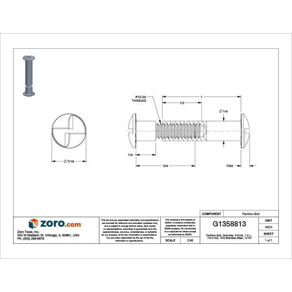 Partition Bolt, #10-24, 1 in Brl Lg, 1/4 in Brl Dia, 18-8 Stainless Steel Plain, 10 PK