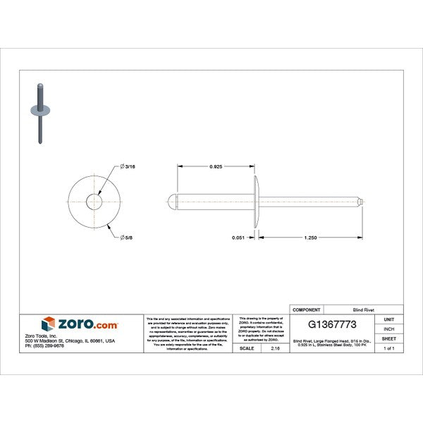 Blind Rivet, Flanged Head, 3/16 in Dia., 59/64 in L, Stainless Steel Body, 100 PK