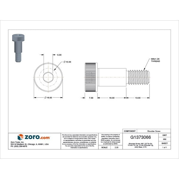 Shoulder Screw, M8-1.25 Thr Sz, 13 mm Thr Lg, 16 mm Shoulder Lg, Alloy Steel, 5 PK