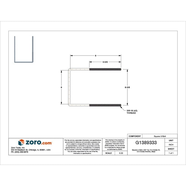 Square U-Bolt, 3/8