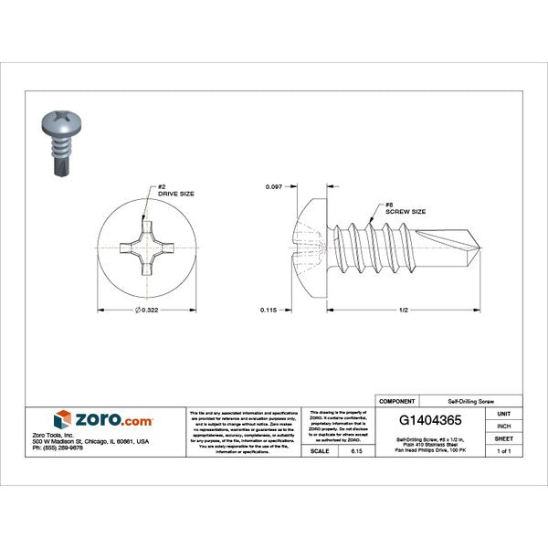 Self-Drilling Screw, #8 x 1/2 in, Plain 410 Stainless Steel Pan Head Phillips Drive, 100 PK
